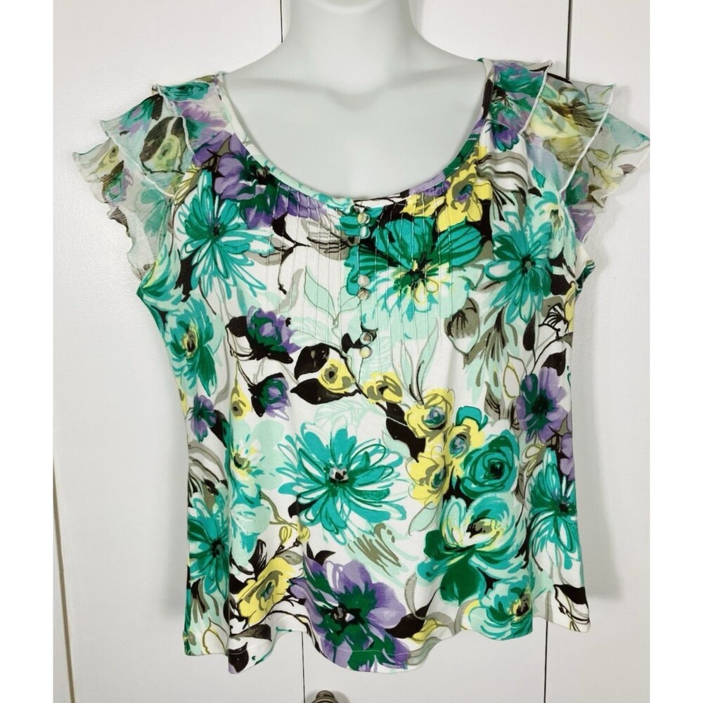 Caribbean Joe XL Ruffled Short Sleeve Pintuck Blouse Button Floral